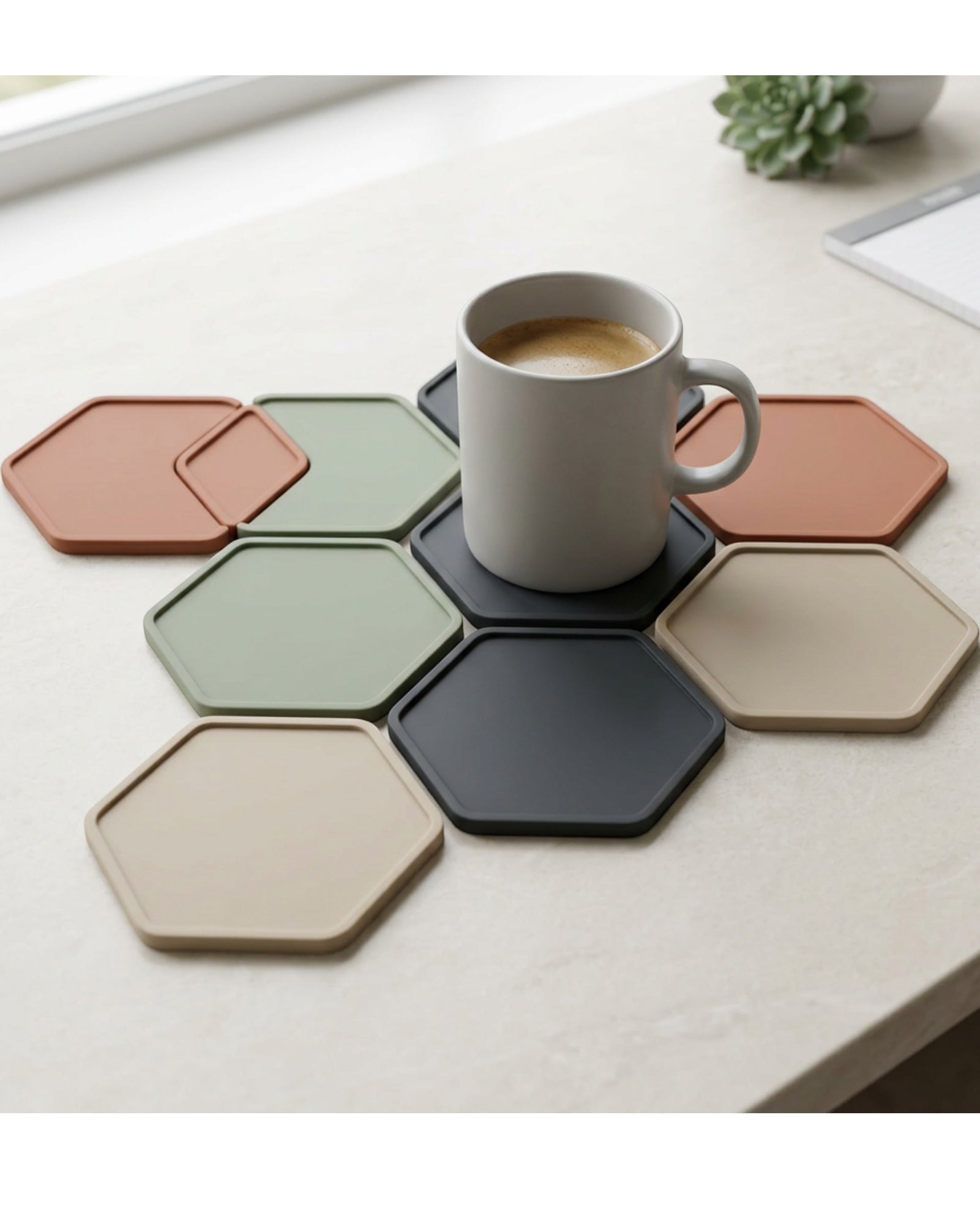 Knaik Hexagonal Silicone Drink Coasters 11 cm Eight Pack - Lifestyle view